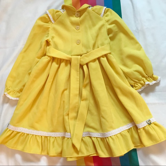 70s Ruffle Yellow Embroidered Flower Dress - Picture 3 of 4